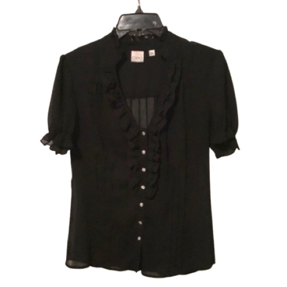 CLEO Black Ruffle V-Neck Blouse with Rhinestone Buttons - Size S - Picture 2 of 5